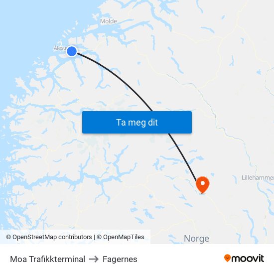 Moa Trafikkterminal to Fagernes map