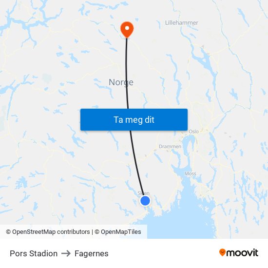 Pors Stadion to Fagernes map