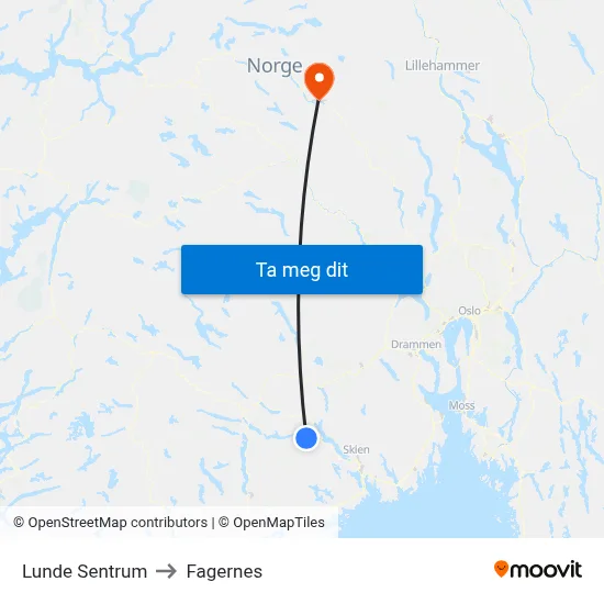 Lunde Sentrum to Fagernes map