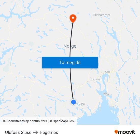 Ulefoss Sluse to Fagernes map