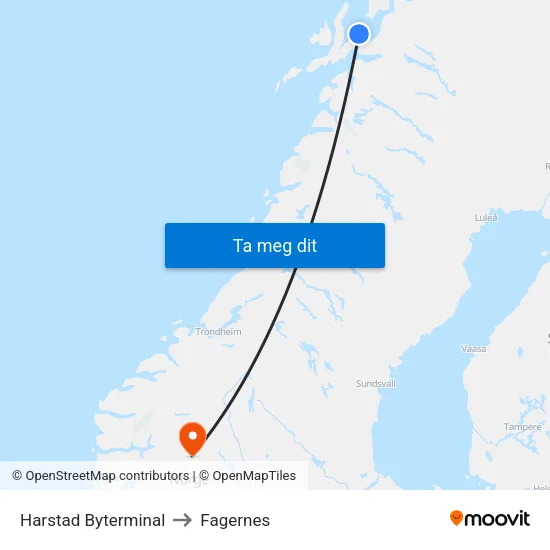 Harstad Byterminal to Fagernes map