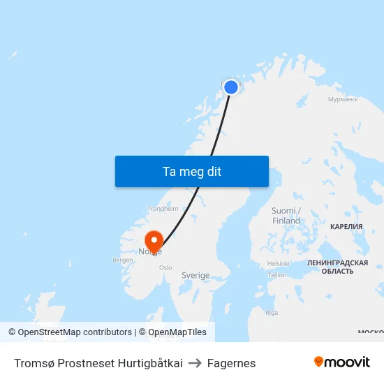 Tromsø Prostneset Hurtigbåtkai to Fagernes map