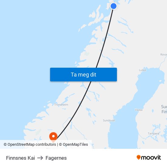 Finnsnes Kai to Fagernes map