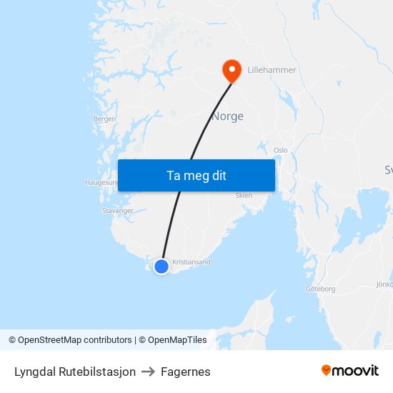 Lyngdal Rutebilstasjon to Fagernes map