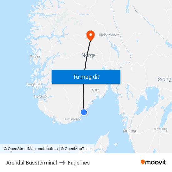 Arendal Bussterminal to Fagernes map