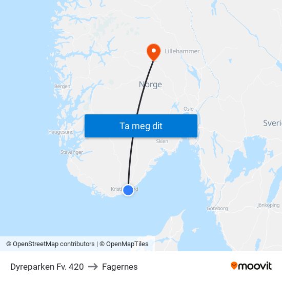 Dyreparken Fv. 420 to Fagernes map