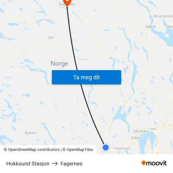 Hokksund Stasjon to Fagernes map
