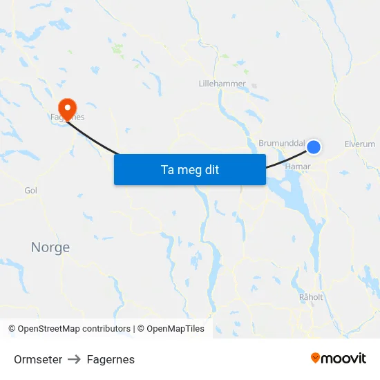 Ormseter to Fagernes map