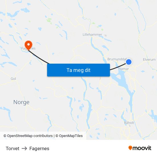 Torvet to Fagernes map