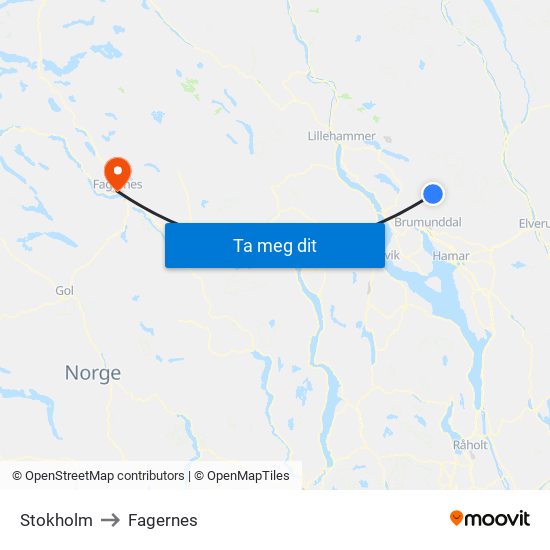 Stokholm to Fagernes map