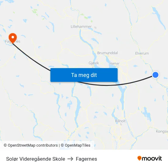 Solør Videregående Skole to Fagernes map