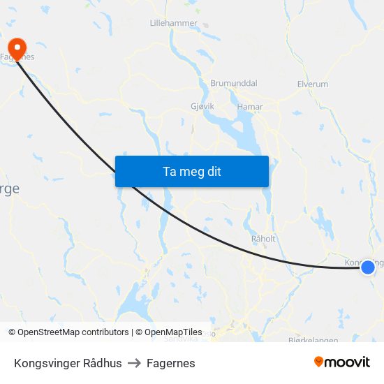 Kongsvinger Rådhus to Fagernes map