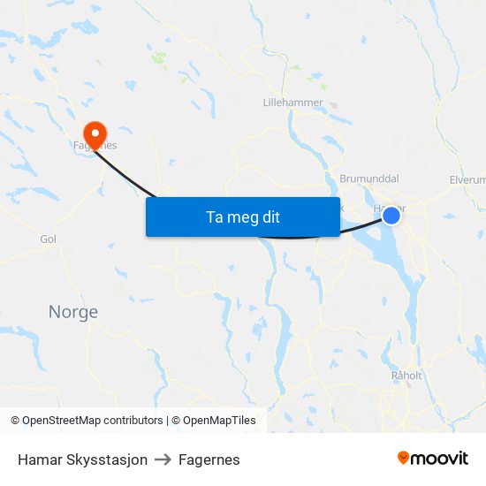 Hamar Skysstasjon to Fagernes map