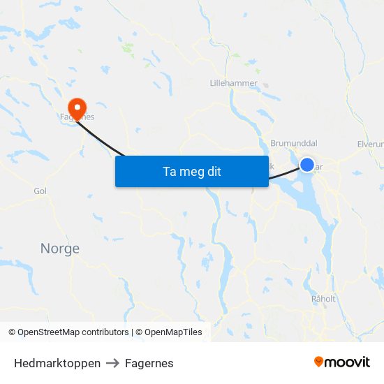Hedmarktoppen to Fagernes map