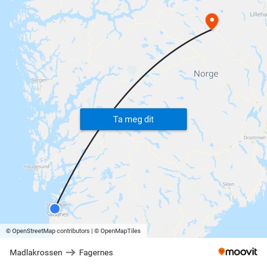 Madlakrossen to Fagernes map
