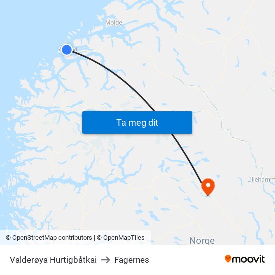 Valderøya Hurtigbåtkai to Fagernes map