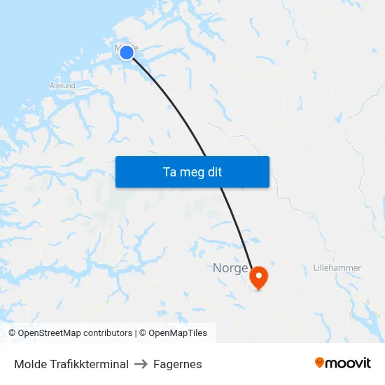 Molde Trafikkterminal to Fagernes map