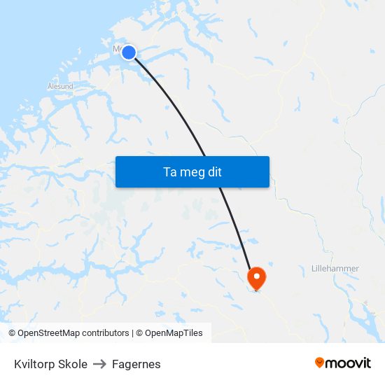 Kviltorp Skole to Fagernes map