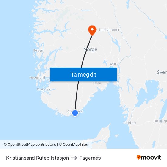 Kristiansand Rutebilstasjon to Fagernes map