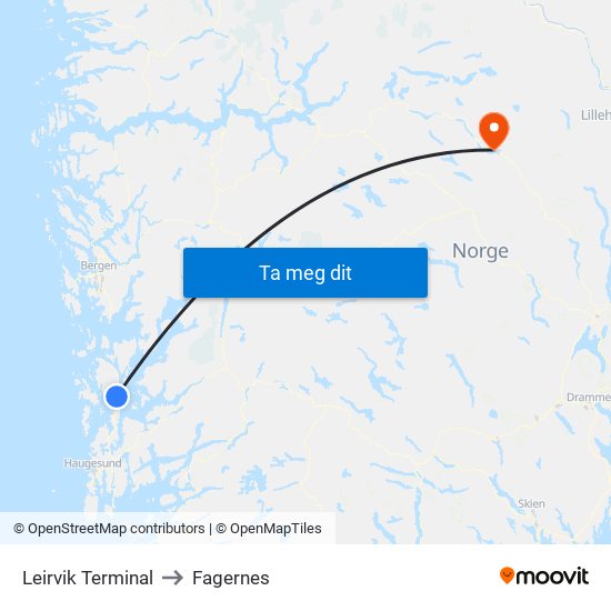 Leirvik Terminal to Fagernes map
