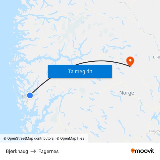 Bjørkhaug to Fagernes map