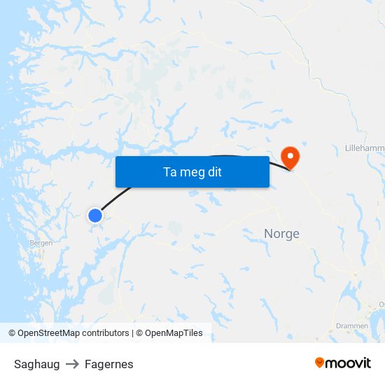 Saghaug to Fagernes map