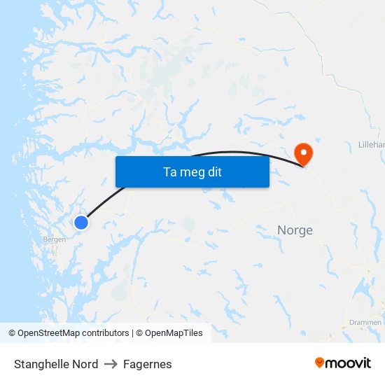 Stanghelle Nord to Fagernes map