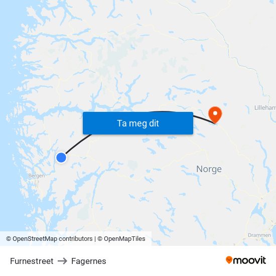 Furnestreet to Fagernes map