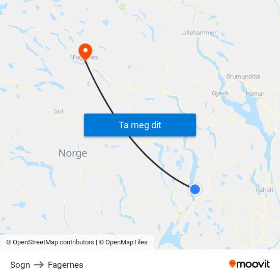 Sogn to Fagernes map