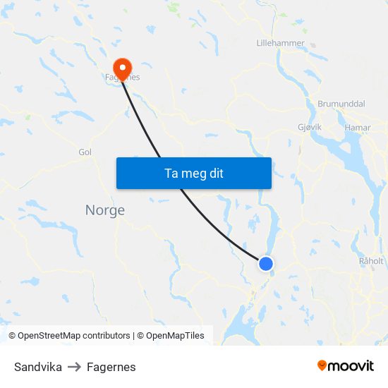 Sandvika to Fagernes map