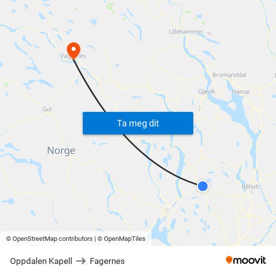Oppdalen Kapell to Fagernes map
