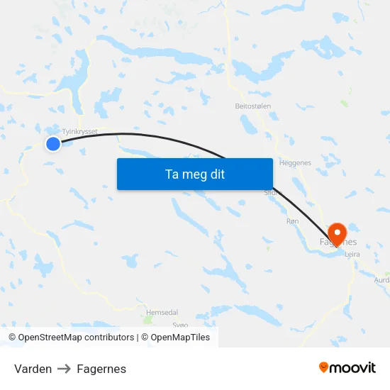 Varden to Fagernes map