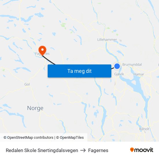 Redalen Skole Snertingdalsvegen to Fagernes map