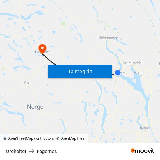 Oreholtet to Fagernes map