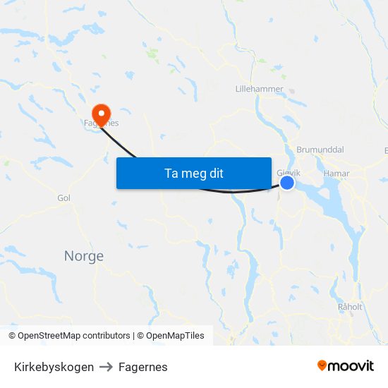 Kirkebyskogen to Fagernes map