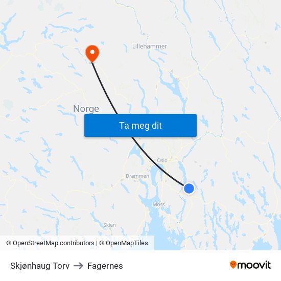 Skjønhaug Torv to Fagernes map