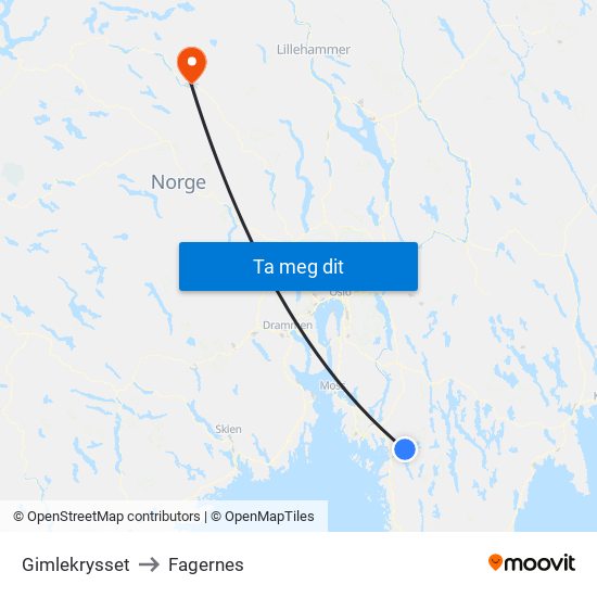 Gimlekrysset to Fagernes map