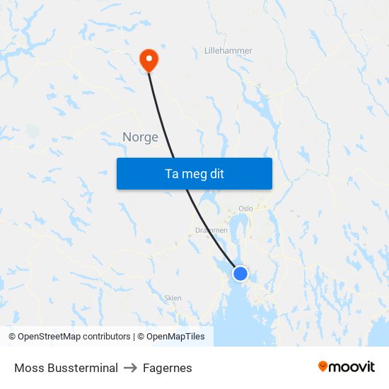 Moss Bussterminal to Fagernes map