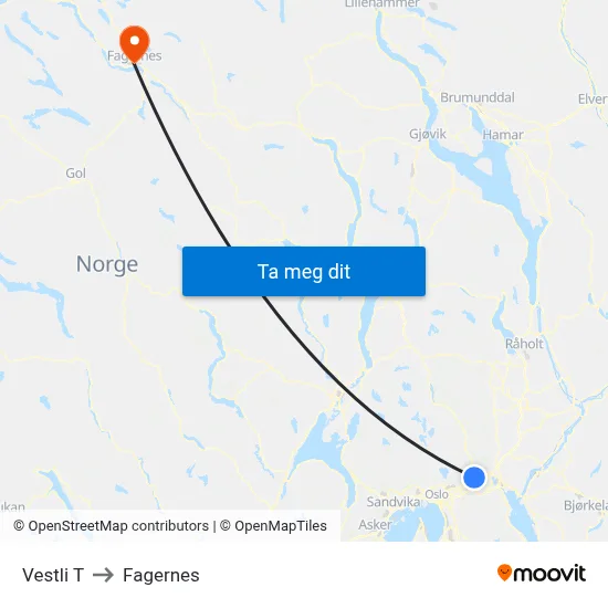 Vestli T to Fagernes map