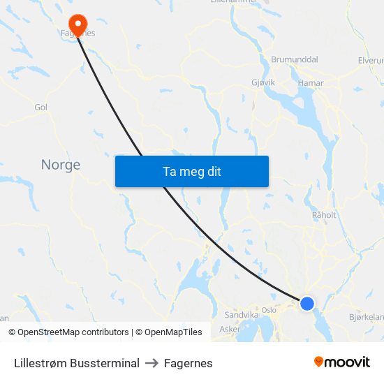 Lillestrøm Bussterminal to Fagernes map