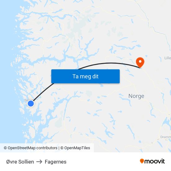 Øvre Sollien to Fagernes map