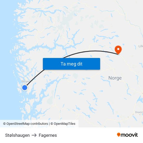 Stølshaugen to Fagernes map