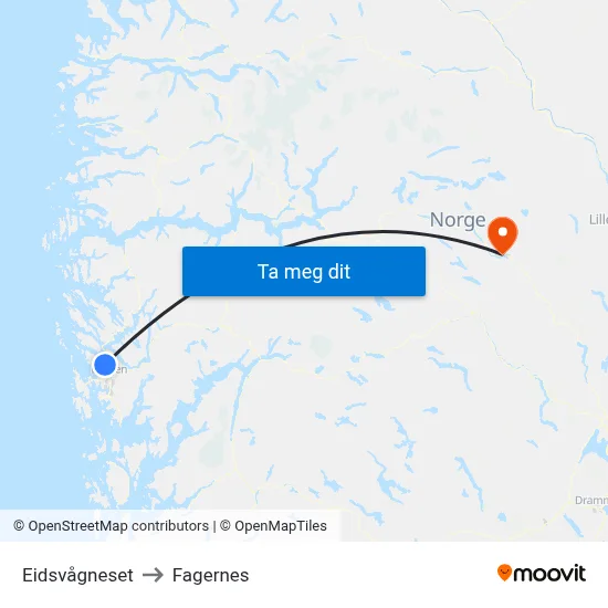 Eidsvågneset to Fagernes map