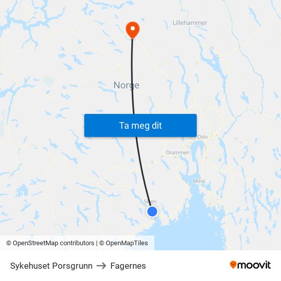 Sykehuset Porsgrunn to Fagernes map