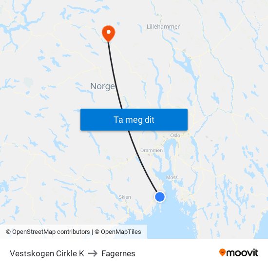 Vestskogen Cirkle K to Fagernes map