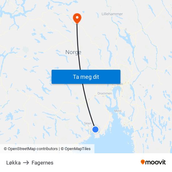 Løkka to Fagernes map