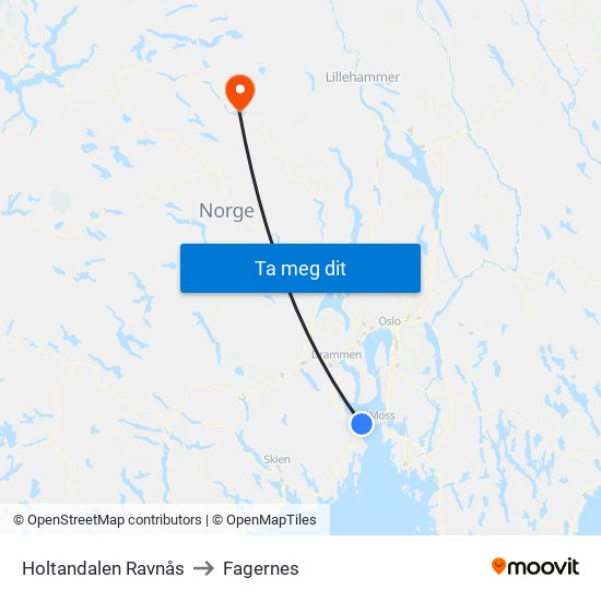 Holtandalen Ravnås to Fagernes map