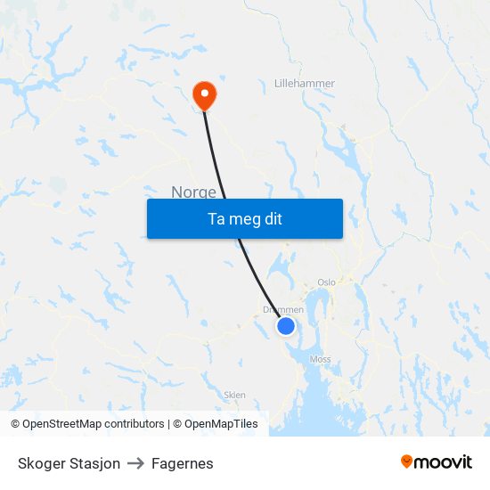 Skoger Stasjon to Fagernes map