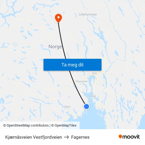 Kjærnåsveien Vestfjordveien to Fagernes map