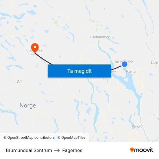 Brumunddal Sentrum to Fagernes map